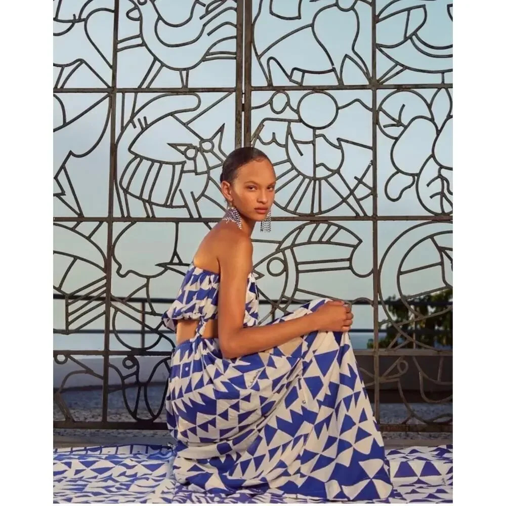 NWT Farm Rio x Alberto Pitta Blue Print Knot Linen Blend Midi Dress, Size  XL